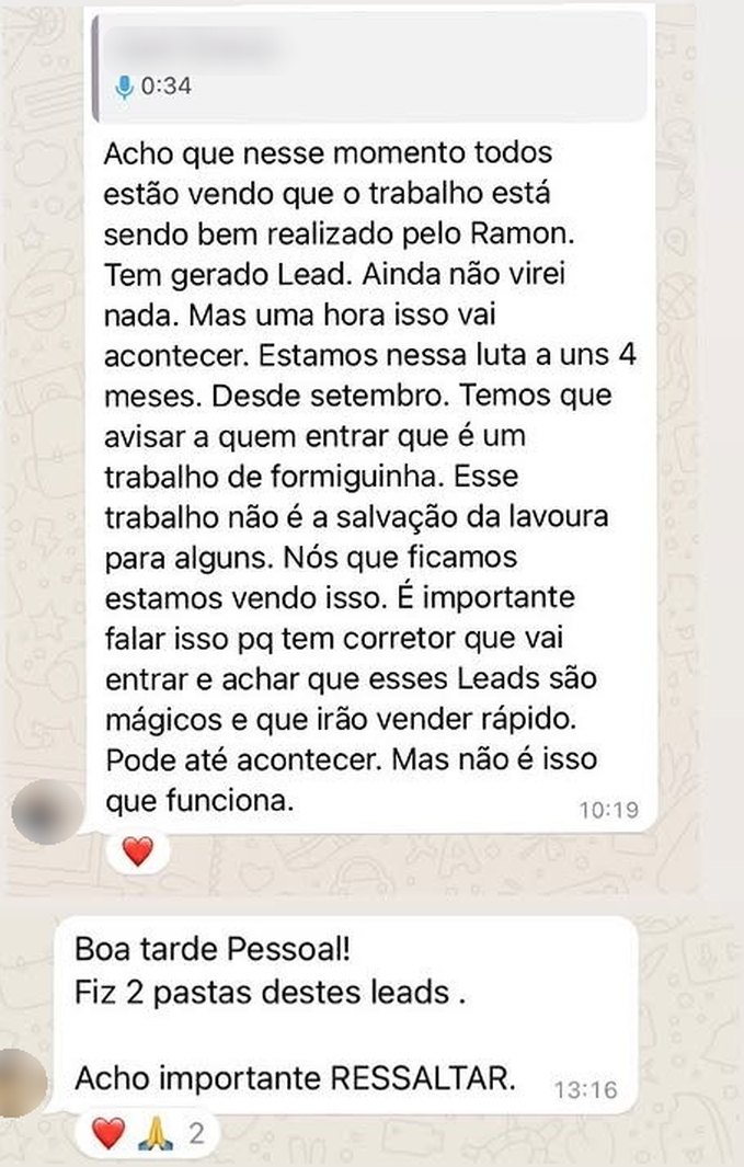 Mensagem de um corretor no grupo da equipe dizendo que o trabalho do Ramon tem gerado lead, com nome e foto embaçados