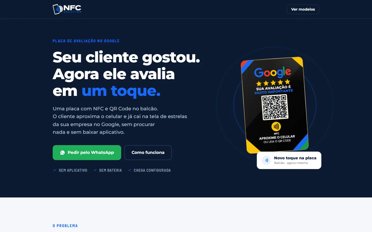 Site da NFC Solution, com a placa de avaliação do Google e o título Seu cliente gostou, agora ele avalia em um toque