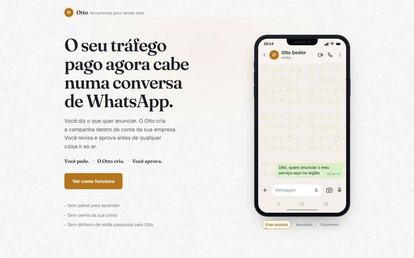 Site do Otto Gestor, com o título O seu tráfego pago agora cabe numa conversa de WhatsApp