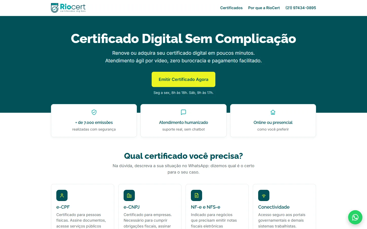 Site da RioCert, com o título Certificado Digital Sem Complicação e o botão Emitir Certificado Agora
