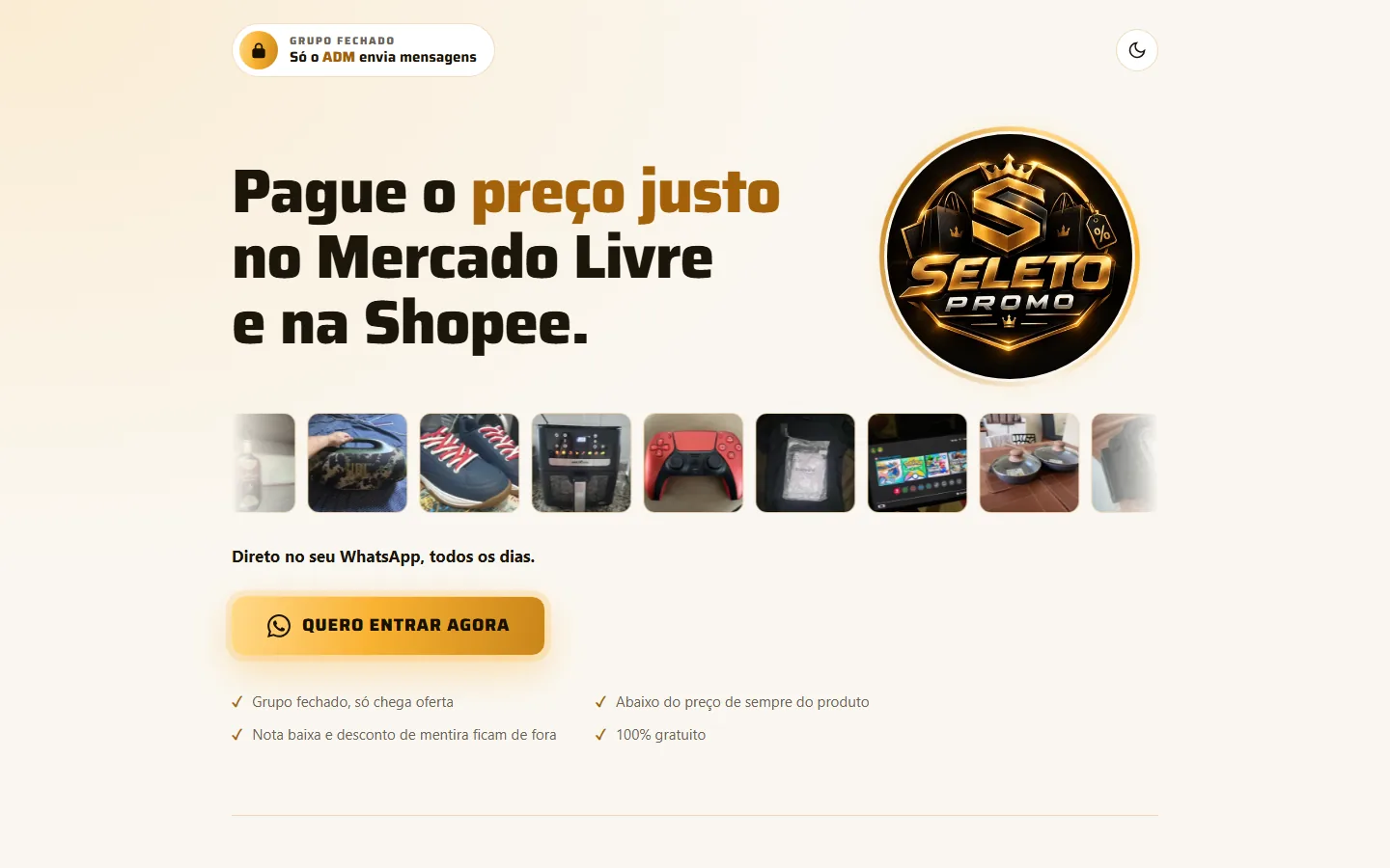 Site do Seleto Promo, com o título Pague o preço justo no Mercado Livre e na Shopee